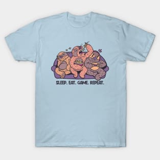 Sleep Eat Game Repeat // Funny Cartoon Sloths on the Couch T-Shirt